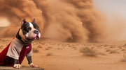 Dog in a red cape standing in front of a dust storm